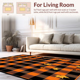 Ultra Soft Area Rug, Non Slip, Stain Resistant, Washable Area Rugs for Living Room, Bedroom, Autumn Harvest Plaid Area Rug Festive Fall Doormat with Pumpkin & Leaves Design(Black)