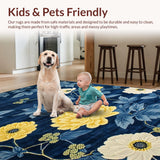 Ultra Soft Area Rug, Non Slip, Stain Resistant, Washable Area Rugs for Living Room, Bedroom, Chrysanthemum Floral Elegance(Blue)
