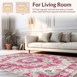 Ultra Soft Area Rug, Non Slip, Stain Resistant, Washable Area Rugs for Living Room, Bedroom, Rustic Pastel Medallion Design(Pink)