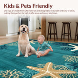 Ultra Soft Area Rug, Non Slip, Stain Resistant, Washable Area Rugs for Living Room, Bedroom, Coastal Serenity Starfish Round Accent Dark Turquoise Mocha Beige(Blue)