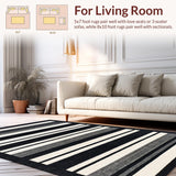 Ultra Soft Area Rug, Non Slip, Stain Resistant, Washable Area Rugs for Living Room, Bedroom, Ebony Ivory Stripe Woven Floor Rug, Chic Farmhouse Porch Decor(Black)
