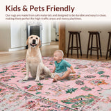 Ultra Soft Area Rug, Non Slip, Stain Resistant, Washable Area Rugs for Living Room, Bedroom, Rustic Elegant Blush Green Motif(Pink)