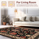 Ultra Soft Area Rug, Non Slip, Stain Resistant, Washable Area Rugs for Living Room, Bedroom, Chic Low-Pile Floral Arrangement(Black)