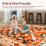 Ultra Soft Area Rug, Non Slip, Stain Resistant, Washable Area Rugs for Living Room, Bedroom, Rustic Vibrant Floral Motif(Orange)