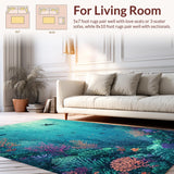 Ultra Soft Area Rug, Non Slip, Stain Resistant, Washable Area Rugs for Living Room, Bedroom, Aquatic Wonderland Rug With Coral Garden Turtle Sanctuary Pattern(Blue)