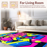 Ultra Soft Area Rug, Non Slip, Stain Resistant, Washable Area Rugs for Living Room, Bedroom, Urban Street Graffiti Pop Art Rug with Spray Paint Lettering and Cartoon Graphics(Blue)