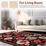 Ultra Soft Area Rug, Non Slip, Stain Resistant, Washable Area Rugs for Living Room, Bedroom, Rustic Low Pile Blossom Design(Black)