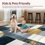 Ultra Soft Area Rug, Non Slip, Stain Resistant, Washable Area Rugs for Living Room, Bedroom, Striking Grey Gold Ogee Fusion(Blue)