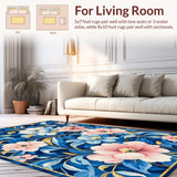 Ultra Soft Area Rug, Non Slip, Stain Resistant, Washable Area Rugs for Living Room, Bedroom, Luxurious Gold Accented Floral Style(Blue)
