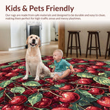 Ultra Soft Area Rug, Non Slip, Stain Resistant, Washable Area Rugs for Living Room, Bedroom, Fruit Bow Rug with Cherry Illustrations and Pink Ribbon Elements(Red)