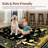 Ultra Soft Area Rug, Non Slip, Stain Resistant, Washable Area Rugs for Living Room, Bedroom, Mystical Black Gold Organic Motif(Black)