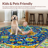 Ultra Soft Area Rug, Non Slip, Stain Resistant, Washable Area Rugs for Living Room, Bedroom, Vibrant Mexican Talavera Tile Rug with Colorful Pottery and Floral Designs(Blue)