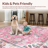 Ultra Soft Area Rug, Non Slip, Stain Resistant, Washable Area Rugs for Living Room, Bedroom, Rustic Pastel Botanical Motif(Pink)