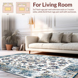Ultra Soft Area Rug, Non Slip, Stain Resistant, Washable Area Rugs for Living Room, Bedroom, Rustic Blue Toned Medallion Design(White)