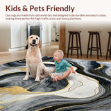 Ultra Soft Area Rug, Non Slip, Stain Resistant, Washable Area Rugs for Living Room, Bedroom, Chic Gray and Gold Composition(Black)