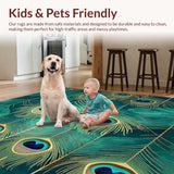 Ultra Soft Area Rug, Non Slip, Stain Resistant, Washable Area Rugs for Living Room, Bedroom, Peacock Plume Washable Rug Elegant Carpet Design(Blue)