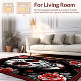 Ultra Soft Area Rug, Non Slip, Stain Resistant, Washable Area Rugs for Living Room, Bedroom, Dramatic Skull and Blossom Fusion(Black)