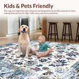 Ultra Soft Area Rug, Non Slip, Stain Resistant, Washable Area Rugs for Living Room, Bedroom, Rustic Blue Toned Medallion Design(White)