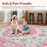Ultra Soft Area Rug, Non Slip, Stain Resistant, Washable Area Rugs for Living Room, Bedroom, Lush Light Green Medallion Design(Pink)