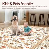 Ultra Soft Area Rug, Non Slip, Stain Resistant, Washable Area Rugs for Living Room, Bedroom, Retro Beige Low Pile Intricate Floral Motifs(Ivory)