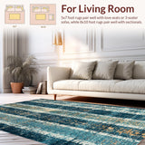 Ultra Soft Area Rug, Non Slip, Stain Resistant, Washable Area Rugs for Living Room, Bedroom, Boho Surfboard Vibes Rug with Hand Drawn Patterns in Indigo and Sunset Gold(Blue)