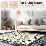 Ultra Soft Area Rug, Non Slip, Stain Resistant, Washable Area Rugs for Living Room, Bedroom, Chateau Collection Azure Bloom Dark Blue Beige Botanical Scrollwork(Ivory)