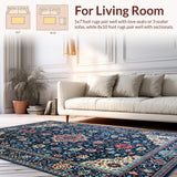 Ultra Soft Area Rug, Non Slip, Stain Resistant, Washable Area Rugs for Living Room, Bedroom, Eclectic Retro Floral Motif(Blue)