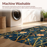 Ultra Soft Area Rug, Non Slip, Stain Resistant, Washable Area Rugs for Living Room, Bedroom, Botanical Essence Rug with Flowing Gold Vines and Watercolor Peach Floral Motifs(Blue)