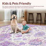 Ultra Soft Area Rug, Non Slip, Stain Resistant, Washable Area Rugs for Living Room, Bedroom, Pastel Round Flower Motif Delight(White)
