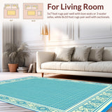 Ultra Soft Area Rug, Non Slip, Stain Resistant, Washable Area Rugs for Living Room, Bedroom, Azure & Ecru Area Decorative Border Blue Beige Entryway(Blue)