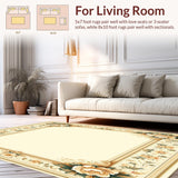 Elegant Beige Floral Border Area Timeless Geometric Design(Beige)