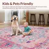 Ultra Soft Area Rug, Non Slip, Stain Resistant, Washable Area Rugs for Living Room, Bedroom, Distressed Pastel Geometric Motif(Pink)