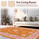 Ultra Soft Area Rug, Non Slip, Stain Resistant, Washable Area Rugs for Living Room, Bedroom, Vibrant Retro Flower Motif(Orange)