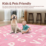 Ultra Soft Area Rug, Non Slip, Stain Resistant, Washable Area Rugs for Living Room, Bedroom, Delightful Colorful Lettering Theme(Pink)