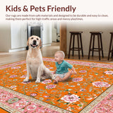 Ultra Soft Area Rug, Non Slip, Stain Resistant, Washable Area Rugs for Living Room, Bedroom, Vibrant Retro Flower Motif(Orange)