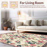 Ultra Soft Area Rug, Non Slip, Stain Resistant, Washable Area Rugs for Living Room, Bedroom, Chic Boho Floral with Pink Blossom and Deep Green Leaf Accents on Beige(Beige)