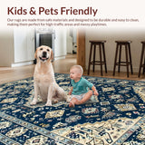 Ultra Soft Area Rug, Non Slip, Stain Resistant, Washable Area Rugs for Living Room, Bedroom, Vintage Floral Medallion Aesthetic(Blue)