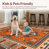 Ultra Soft Area Rug, Non Slip, Stain Resistant, Washable Area Rugs for Living Room, Bedroom, Distressed Tribal Geometric Elegance(Orange)
