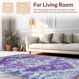Ultra Soft Area Rug, Non Slip, Stain Resistant, Washable Area Rugs for Living Room, Bedroom, Rustic Light Blue Floral Motif(Purple)