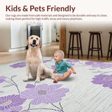 Ultra Soft Area Rug, Non Slip, Stain Resistant, Washable Area Rugs for Living Room, Bedroom, Sophisticated Grey Floral Elegance(Purple)