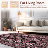 Ultra Soft Area Rug, Non Slip, Stain Resistant, Washable Area Rugs for Living Room, Bedroom, Elegant Black Floral Motif(Black)