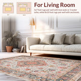 Ultra Soft Area Rug, Non Slip, Stain Resistant, Washable Area Rugs for Living Room, Bedroom, Moora Distressed Vintage Rug with Peach Blush Medallion and Black Highlights(White)