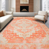 Ultra Soft Area Rug, Non Slip, Stain Resistant, Washable Area Rugs for Living Room, Bedroom, Elegant Distressed Ethnic Motif(Orange)