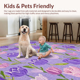 Ultra Soft Area Rug, Non Slip, Stain Resistant, Washable Area Rugs for Living Room, Bedroom, Lavender Tulip Nature Inspired Aesthetic(Purple)