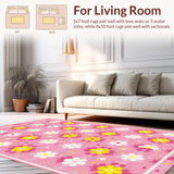Ultra Soft Area Rug, Non Slip, Stain Resistant, Washable Area Rugs for Living Room, Bedroom, Eclectic Daisy Design Statement(Pink)