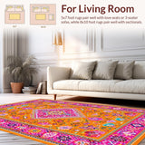 Ultra Soft Area Rug, Non Slip, Stain Resistant, Washable Area Rugs for Living Room, Bedroom, Elegant Tribal Motif in Fuchsia(Orange)