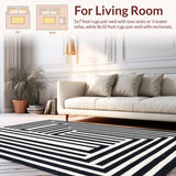 Ultra Soft Area Rug, Non Slip, Stain Resistant, Washable Area Rugs for Living Room, Bedroom, Contemporary Stripe Fusion Rug Alternating Bold Lines Dynamic Graphic Art(Black)