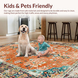 Ultra Soft Area Rug, Non Slip, Stain Resistant, Washable Area Rugs for Living Room, Bedroom, Elegant Distressed Botanical Design(Orange)