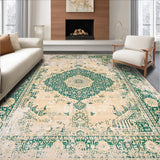 Beige Green Distressed Medallion Durable Non Shedding(Beige)