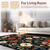 Ultra Soft Area Rug, Non Slip, Stain Resistant, Washable Area Rugs for Living Room, Bedroom, Rustic Warm Hued Floral Embellishments(Black)